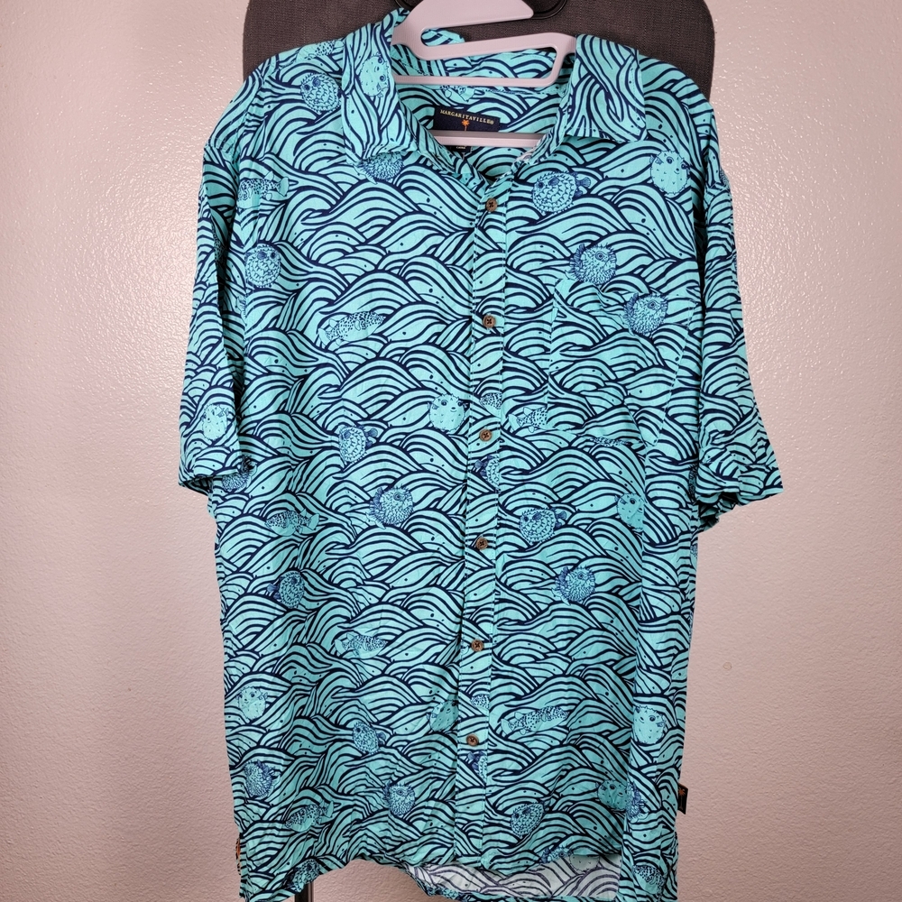 Margaritaville Men's Button Up Shirt Puffer Fish Short Sleeve Lightweight‎ Sz XL
